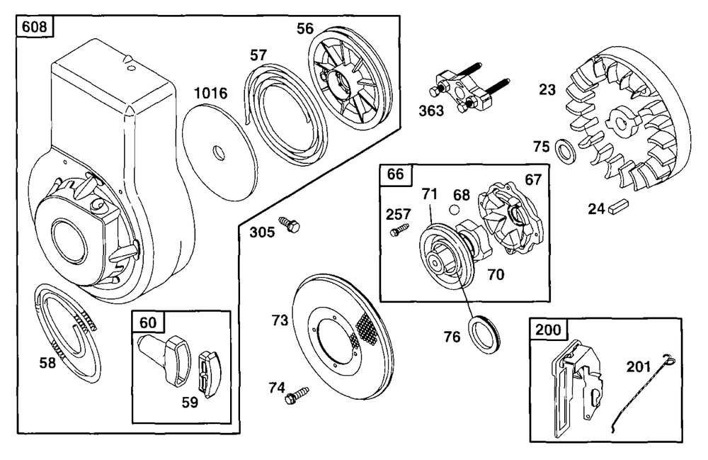 Blower Hsg, Flywheel Diagram and Parts List for 90102-0016-01  Briggs and Stratton Engine